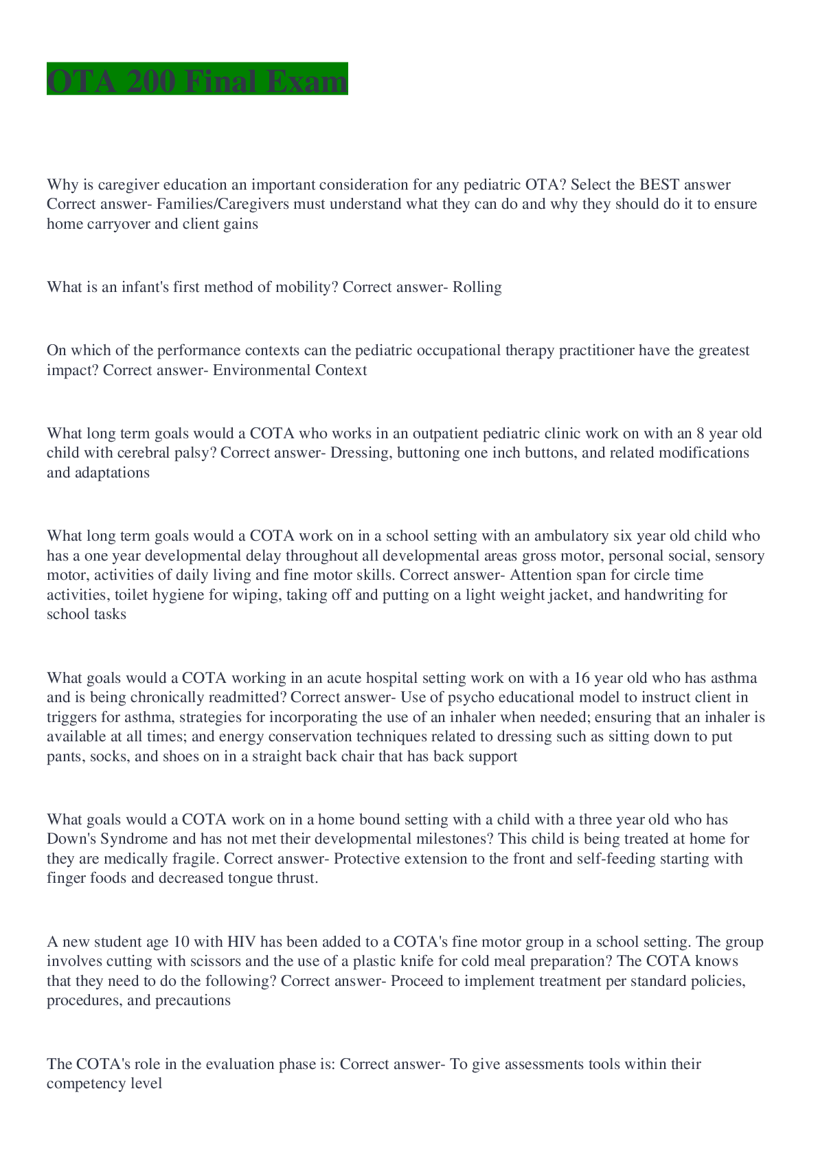 Preview image of OTA 200 Final Exam document